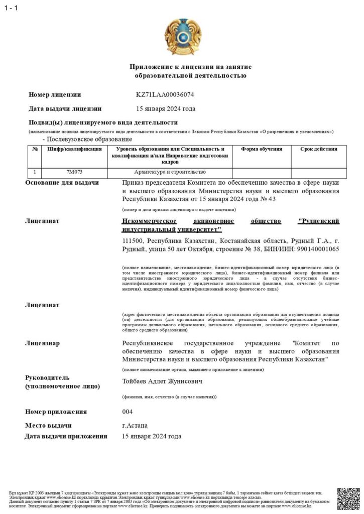 Приложение к лицензии на занятие образовательной деятельностью (архитектура и строительство)
